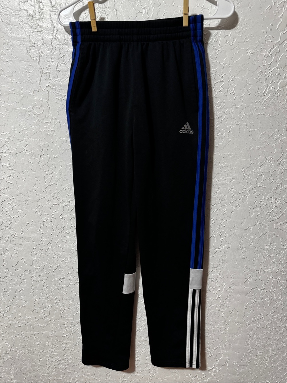 Adidas Boys Black Track Pants with Blue and White Stripes